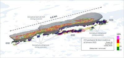 Figure 13: Oblique view of the CV5 Spodumene Pegmatite block model with respect to applied open-pit and underground conceptual mining constraint shapes. (CNW Group/Patriot Battery Metals Inc.)