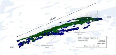 Figure 14: Oblique view of the global Indicated (green) and Inferred (blue) block model classifications for the CV5 Spodumene Pegmatite. (CNW Group/Patriot Battery Metals Inc.)