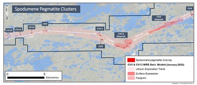 Figure 19: Spodumene pegmatite clusters at the Property discovered to date. (CNW Group/Patriot Battery Metals Inc.)