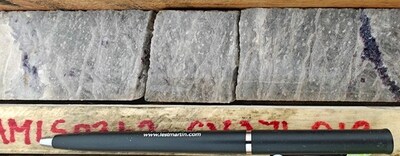 Figure 3: Pollucite mineralization in high-grade caesium drill intersection at ~64.5 m depth in drill hole CV23-271 at the Rigel Zone, CV13 Pegmatite. Interval grades(5)  22.69% Cs2O over 1.0 m (64.0 m to 65.0 m) with XRD-Rietveld reporting a pollucite content over the interval of 58%. [ (5) Refer to news release dated April 9, 2025. ] (CNW Group/Patriot Battery Metals Inc.)