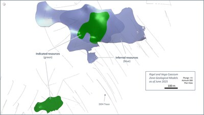 Figure 6: Plan view of the Indicated (green) and Inferred (blue) block model classifications for the Rigel and Vega caesium zones at the CV13 Pegmatite. (CNW Group/Patriot Battery Metals Inc.)