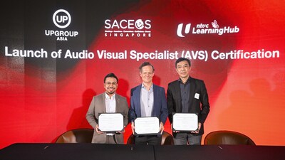 (From left) Adam Piperdy, Founder and Chief Experience Officer of Unearthed Productions; Richard Ireland, President of SACEOS; and Tay Ee Learn, Assistant Chief Executive of NTUC LearningHub, at the signing of the partnership agreement.