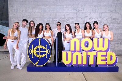 HKJC's Rising Stars Ambassador Aaron Kwok (centre) with Now United's new Hong Kong, China member Ariel Tsang (5th right) and other group members.