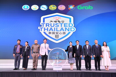 Mr. Jakkaphon Tangsutthitham, Vice Minister of Tourism and Sports (fourth from left), and Ms. Thapanee Kiatphaibool, Governor of the Tourism Authority of Thailand (fifth from right), preside over the official launch of the “Trusted Thailand” safety stamp, joined by representatives from key government agencies and partners at the event in Bangkok.