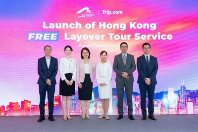 (From left to right) Mr Ray Li, General Manager, Hub Development, AAHK, Ms Han Feng, Vice President, Trip.com Group, Mrs Vivian Cheung, Chief Executive Officer, AAHK, Ms Jane Sun, Chief Executive Officer, Trip.com Group, Mr Chapman Fong, Director, Hub Development, AAHK, Mr Edison Chen, Vice President, Trip.com Group attend the press conference of Free Layover Tour Service.