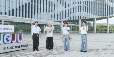 ▲ In the program “Roll the City Marble: Gyeongju Edition!” global K-pop idol group EIGHT TURN films the opening scene in front of the HICO (Hwabaek International Convention Center) in Gyeongju, the host city of the 2025 APEC Summit, highlighting the city’s international profile. Photo courtesy: Arirang TV