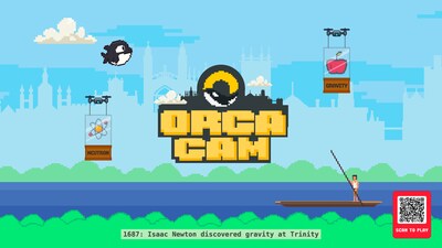 OrcaCam, a retro-style arcade game launched by Orca Scan as part of the Grand Discoveries Exhibition, celebrates world-changing innovations discovered in Cambridge. Alt Text: Pixel art screenshot from OrcaCam showing an orca flying above the River Cam, dodging obstacles labelled Neutron and Gravity, with a punter on the river and the game logo in the centre. OrcaCam, a retro-style arcade game launched by Orca Scan as part of the Grand Discoveries Exhibition, celebrates world-changing innovations discovered in Cambridge. Alt Text: Pixel art screenshot from OrcaCam showing an orca flying above the River Cam, dodging obstacles labelled Neutron and Gravity, with a punter on the river and the game logo in the centre.
