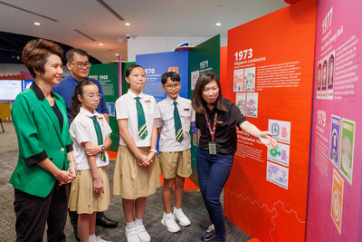 SMS Low Yen Ling and students of Sengkang Green Primary School viewing exhibit panels of 60 Years in 60 Stamps