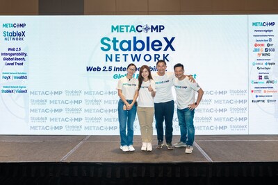 MetaComp StableX Network Launch. L:R - Ms Summer Yu, Group Chief Compliance Officer, Alpha Ladder Group, Ms Tin Pei Ling, Co-President, Alpha Ladder Group and MetaComp, Dr Bo Bai, Group Executive Chairman and Co-Founder, Alpha Ladder Group, Mr Eddie Hui, Co-President and Chief Operating Officer, MetaComp