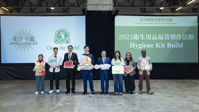 Officiating guests participate in the opening ceremony for Thursday’s hygiene kit build at The Venetian Macao’s Cotai Expo.