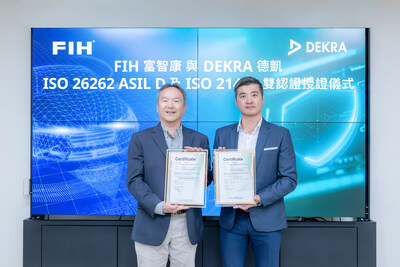 Aaron Lee, Managing Director of DEKRA Taiwan (right), presented the ISO 26262 and the ISO/SAE 21434 Certifications to Dr. Wen-Yi Kuo, Vice President of FIH. Aaron Lee, Managing Director of DEKRA Taiwan (right), presented the ISO 26262 and the ISO/SAE 21434 Certifications to Dr. Wen-Yi Kuo, Vice President of FIH.