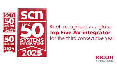 Recognised for sustained growth and global delivery excellence, Ricoh secures the #4 spot in SCNs' 2025 Top 50 AV Integrators list — marking three consecutive years in the global Top 5
