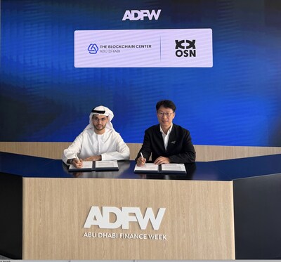 (left to right) Abdulla AI Dhaheri, CEO of the Blockchain Center Abu Dhabi (ADBC), and Lawrence Chu, Co-Founder of OSN, signed a strategic partnership to jointly establish OSN Abu Dhabi at Abu Dhabi Finance Week (ADFW).