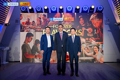 (from left) Simon Cao, Vice President - Global Brand Development and Communications, Global Marketing of Lee Kum Kee Sauce, Professor Shahbaz Khan, Director and Representative, UNESCO Regional Office for East Asia, and Daniel Shih, Chief Corporate Affairs Officer and General Counsel of Lee Kum Kee Group, officiate at the launching ceremony.