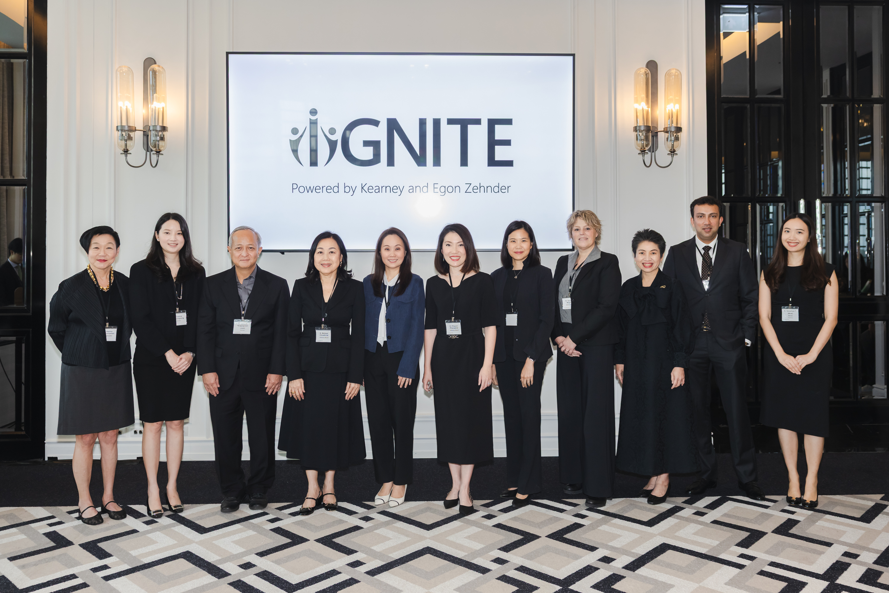 From left to right: Henny Purnamawati – Partner, Egon Zehnder International , Leona Manoonpong – Coordinating Lead for IGNITE Thailand; Principal, Kearney Thailand, Janewit Kraprayoon – Senior Advisor, Kearney Thailand, Wallaya Chirathivat – IGNITE Thailand Advisory Board, Central Pattana President & CEO, Maneerut Anulomsombut – IGNITE Thailand Advisory Board, Sea Group CEO, Pitiporn Phanaphat – IGNITE Thailand Advisory Board, SCB First Executive Vice President, Chompan Kulnides – IGNITE Thailand Advisory Board, Minor International Chief Sustainability Officer, Susanne Migchels – IGNITE Thailand Advisory Board, Osotspa Chief Marketing & Innovation Officer, Gloyta Nathalang – IGNITE Thailand Advisory Board, Bangchak Corporation Senior Executive Vice President, Siddharth Pathak – Partner, Kearney, Varachya Teeraseranee – Consultant, Kearney Thailand