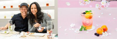 Left: Travelers from around the world enjoying the Ume Experience;  Right: Seasonal limited drink “SAKURA HANAMI UME SODA”