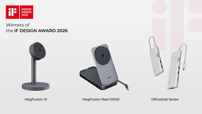 Award recognition: AUKEY's MagFusion 1X Wireless Charger, MagFusion Reel 10000 Wireless Power Bank, and OfficeDok USB Hub Series win the iF DESIGN AWARD 2026 for refined industrial design and user-focused functionality.