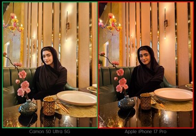 TECNO CAMON 50 Ultra 5G (left) vs. competitor (right): Universal Tone technology delivers more accurate, radiant skin tones in indoor lighting.