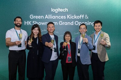 [Image 3] (From left) Yan Chetelat, Senior Innovation Manager of Logitech; Esther Cheung, Senior Vice President of Digital Technologies and Data Infrastructure of InvestHK; Aries Sze, Head of HKTW of Logitech; Wendy Chow, Head of Digital Technologies and Data Infrastructure of InvestHK; Dickson Mak, Director of Strategic Building Innovation (SBI); and Lester Chan, CEO of Aura Labs, celebrate the Logitech office grand opening and the launch of the Green Alliance.