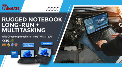 A technician operates a rugged notebook inside a vehicle engine compartment, demonstrating long-run multitasking capabilities of the Winmate L140 and L156 Series with optional Intel Core Ultra 120U processor