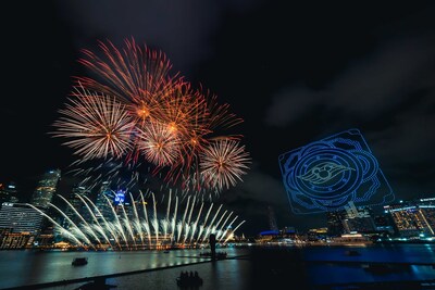 A Disney Cruise Line-inspired Peranakan motif illuminated the skyline, marking the dazzling opening of the Sky Show spectacular