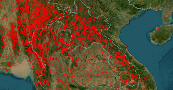 Laos faces worsening air pollution as over 16,000 fire hotspots push PM2.5 levels into hazardous territory nationwide in the first three months of 2026.