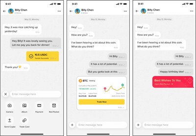 Users can seamlessly make crypto transfers, share trade cards, and send red packets within their conversations. Figures and text for illustration purposes only. Users can seamlessly make crypto transfers, share trade cards, and send red packets within their conversations. Figures and text for illustration purposes only.