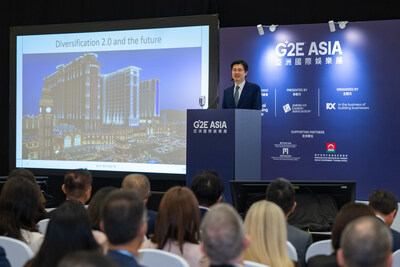 At G2E Asia 2026 on Tuesday, Grant Chum, chief executive officer and executive director of Sands China Ltd., delivers a keynote address to 200 industry leaders and tourism stakeholders from across the region. The keynote shed light on insights to Macao’s integrated tourism development and pathways to its citywide diversification.