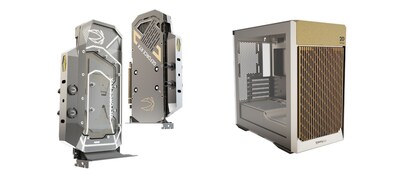 Left – ZOTAC GAMING GeForce RTX™ 5080 Liquid Cooled Prototype;  Right — 20th Anniversary Edition ZOTAC GAMING ALLOY mATX Case