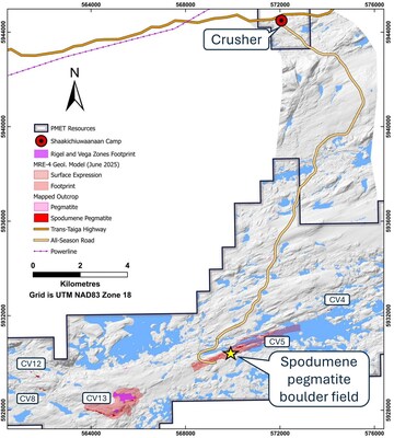 Figure 2: Backhoe collecting spodumene pegmatite mineralized boulders immediately down-ice of the principal CV5 outcrop (adjacent to the southwest side of the CV5 Pegmatite).