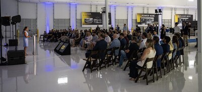Palm Beach Gardens Mayor Dana Middleton addresses the crowd at the AMPERA unveiling event on July 1, 2026, celebrating the company&rsquo;s leadership in manufacturing and innovative technology and the opportunity it brings to the city.