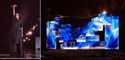 Karen Mok performs at the Golden Melody Awards (left); The ceremony stage (right) / Photo: TTV Karen Mok performs at the Golden Melody Awards (left); The ceremony stage (right) / Photo: TTV