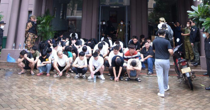 Vientiane police detained 261 foreign nationals during a raid on a telecommunications fraud and online gambling operation at Thatluang Lake Special Economic Zone. Vientiane, Laos. 08 August 2026. (Photo: Lao Security News)