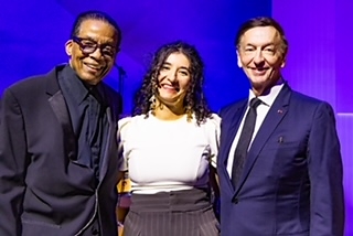 Pictured from left to right are Herbie Hancock, First Place Winner Malou Oheix and Jean-Paul Claverie, Fondation Louis Vuitton Pictured from left to right are Herbie Hancock, First Place Winner Malou Oheix and Jean-Paul Claverie, Fondation Louis Vuitton